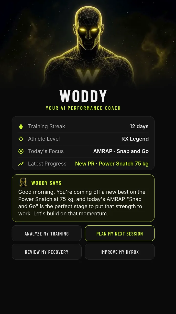 Woddy home screen with training streak, athlete level, today's focus, latest PR and a morning message.