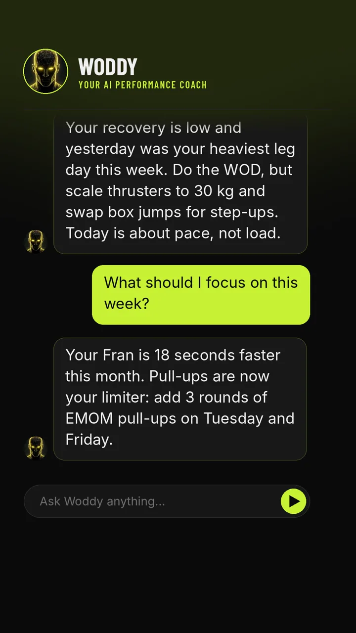 Chat with Woddy: an athlete asks whether to train on sore legs and Woddy suggests scaling thrusters and swapping box jumps for step-ups.